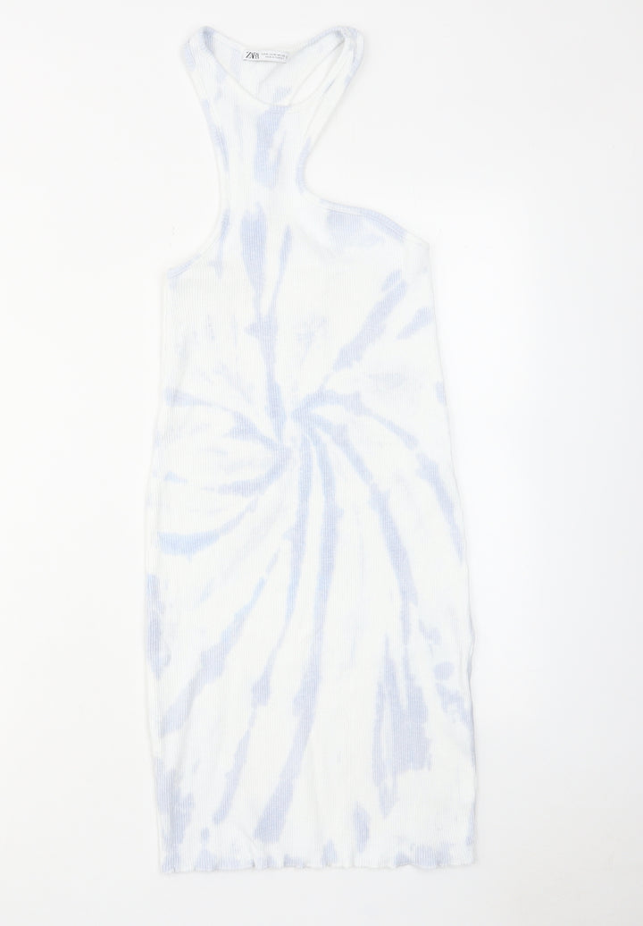 Zara Womens Blue Geometric Cotton Bodycon Size M Round Neck Pullover