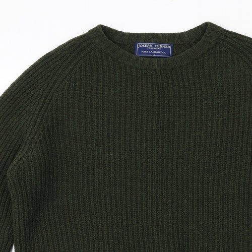 Joseph Turner Mens Green Round Neck Wool Pullover Jumper Size M Long Sleeve