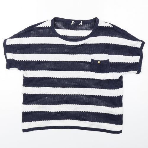 NEXT Womens Blue Round Neck Striped Linen Pullover Jumper Size 14