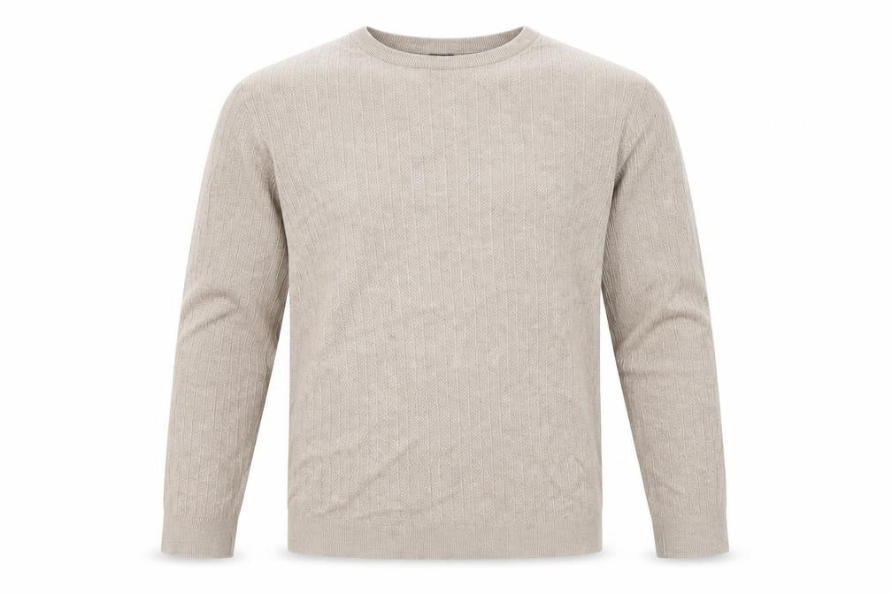 Front view of H&M men’s beige round neck cotton jumper, size L, long sleeve