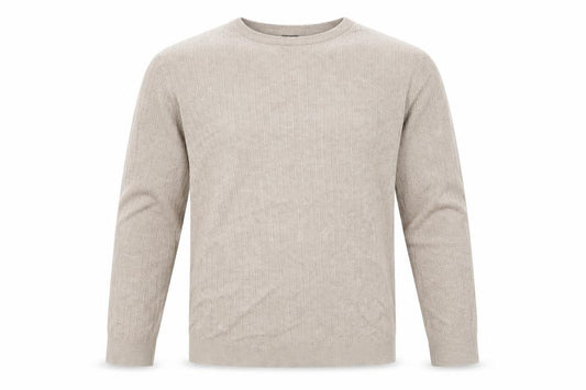 Front view of H&M men’s beige round neck cotton jumper, size L, long sleeve