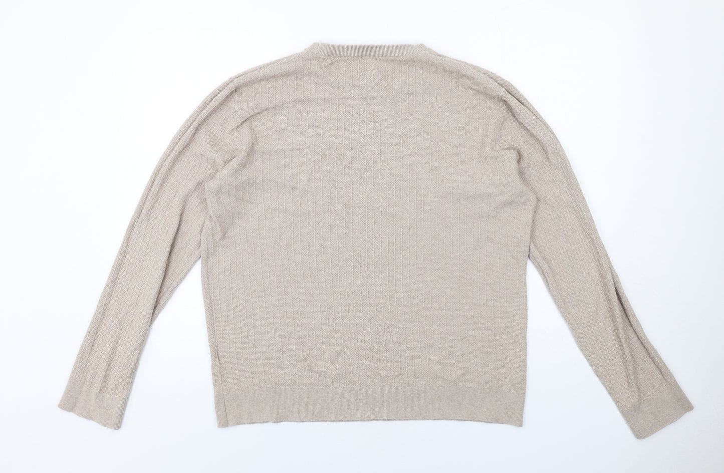 H&M Mens Beige Round Neck Cotton Pullover Jumper Size L Long Sleeve