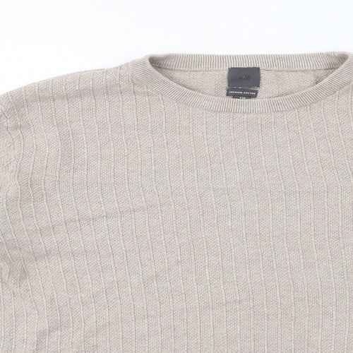 H&M Mens Beige Round Neck Cotton Pullover Jumper Size L Long Sleeve