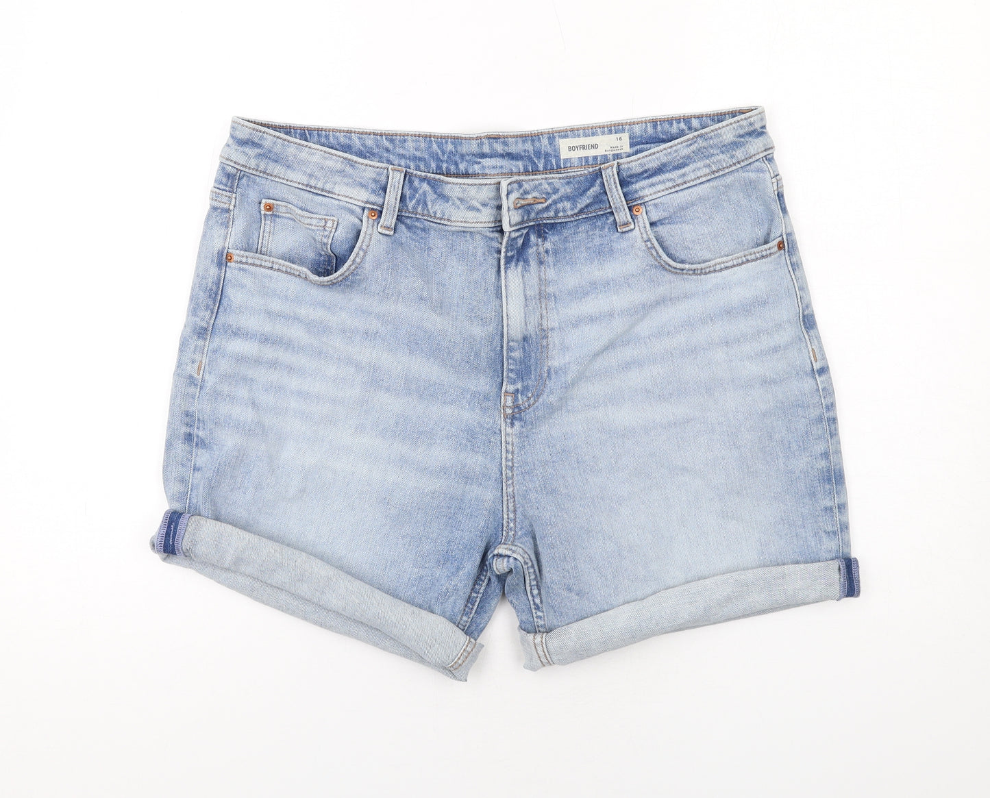 Marks and Spencer Womens Blue Cotton Boyfriend Shorts Size 16 Regular Zip