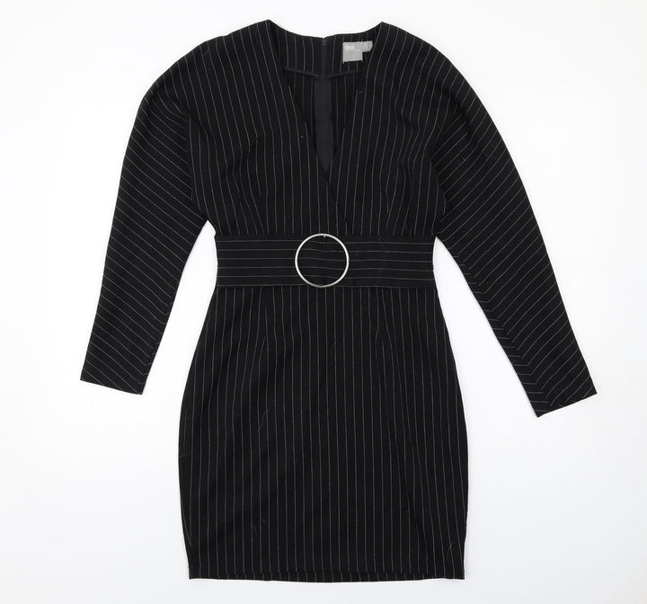 ASOS Womens Black Striped Polyester Shift Size 6 V-Neck Zip