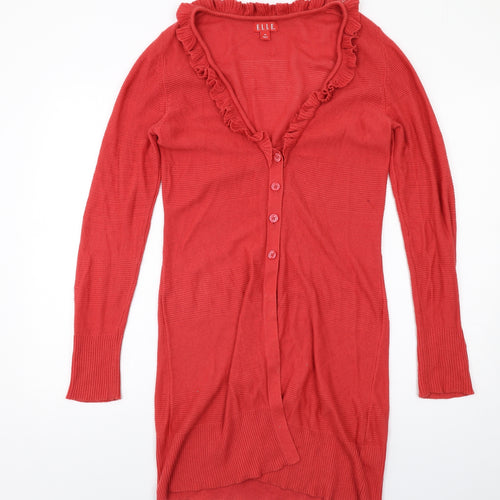 ELLE Womens Red V-Neck Cotton Cardigan Jumper Size M
