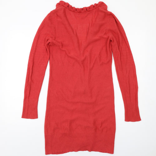 ELLE Womens Red V-Neck Cotton Cardigan Jumper Size M