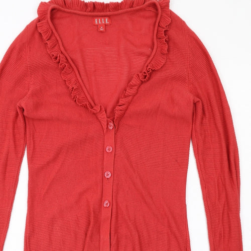 ELLE Womens Red V-Neck Cotton Cardigan Jumper Size M