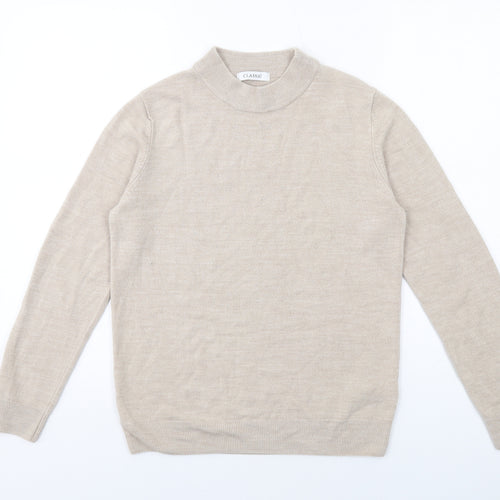 Classic Womens Beige Mock Neck Acrylic Pullover Jumper Size 12