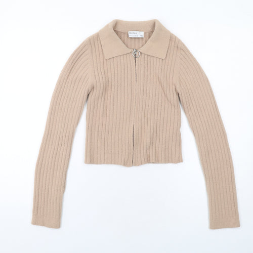 Bershka Womens Beige Collared Polyamide Full Zip Jumper Size M