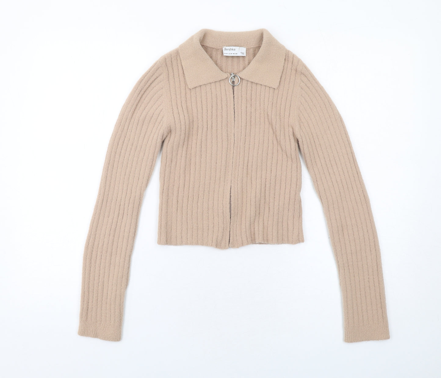 Bershka Womens Beige Collared Polyamide Full Zip Jumper Size M