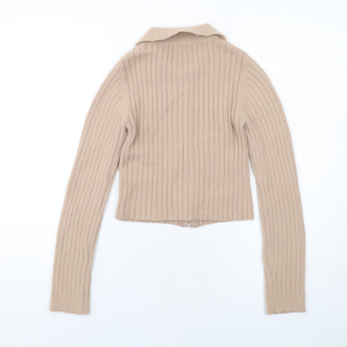 Bershka Womens Beige Collared Polyamide Full Zip Jumper Size M
