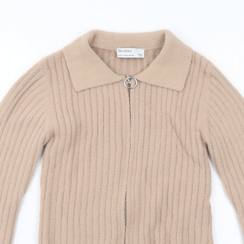 Bershka Womens Beige Collared Polyamide Full Zip Jumper Size M