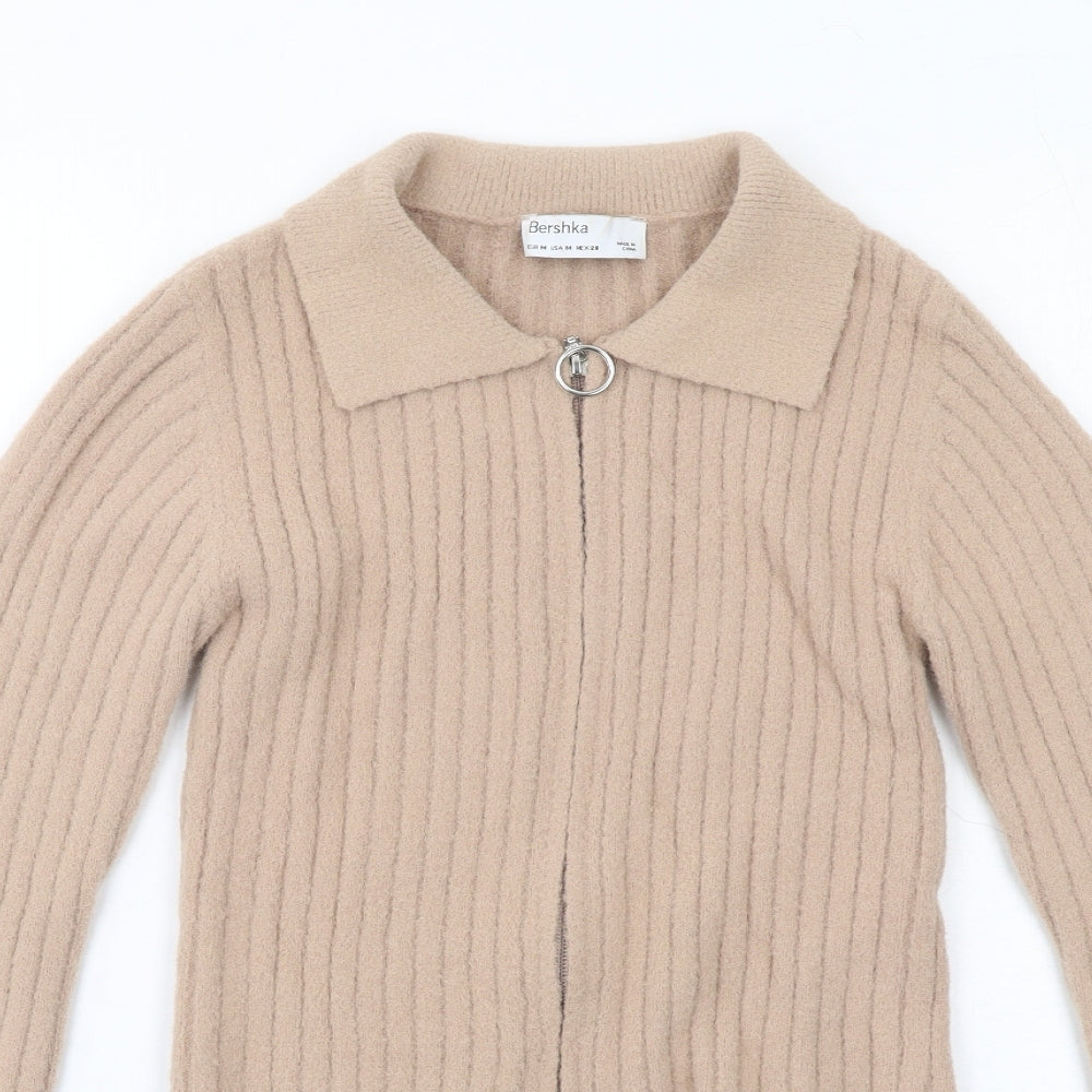 Bershka Womens Beige Collared Polyamide Full Zip Jumper Size M