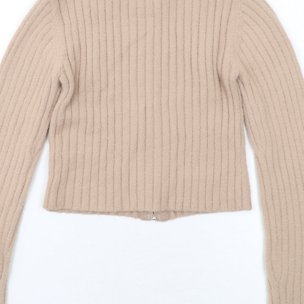 Bershka Womens Beige Collared Polyamide Full Zip Jumper Size M