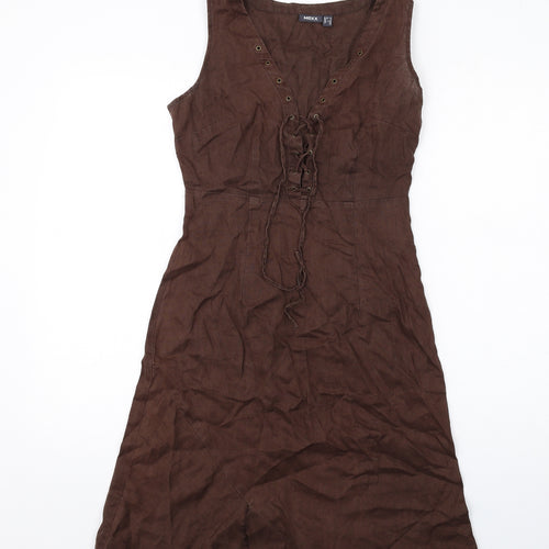 Mexx Womens Brown Linen A-Line Size 6 V-Neck Zip