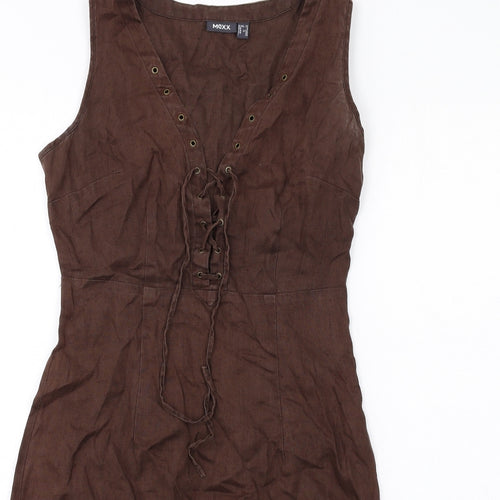 Mexx Womens Brown Linen A-Line Size 6 V-Neck Zip