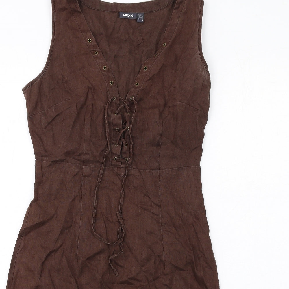 Mexx Womens Brown Linen A-Line Size 6 V-Neck Zip