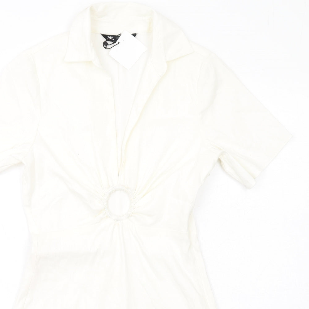 Zara Womens Ivory Viscose Bodycon Size S Collared Zip