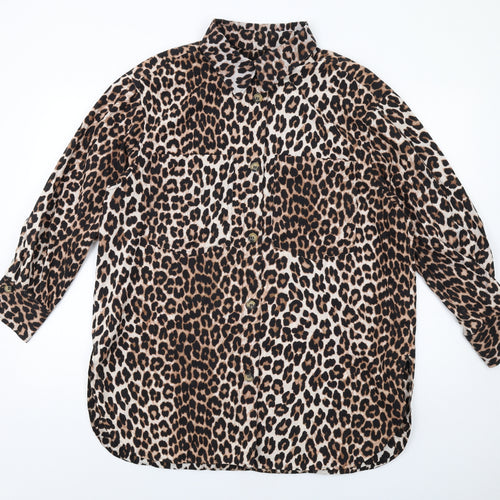 H&M Womens Black Animal Print Cotton Shirt Dress Size M Collared Button - Leopard pattern