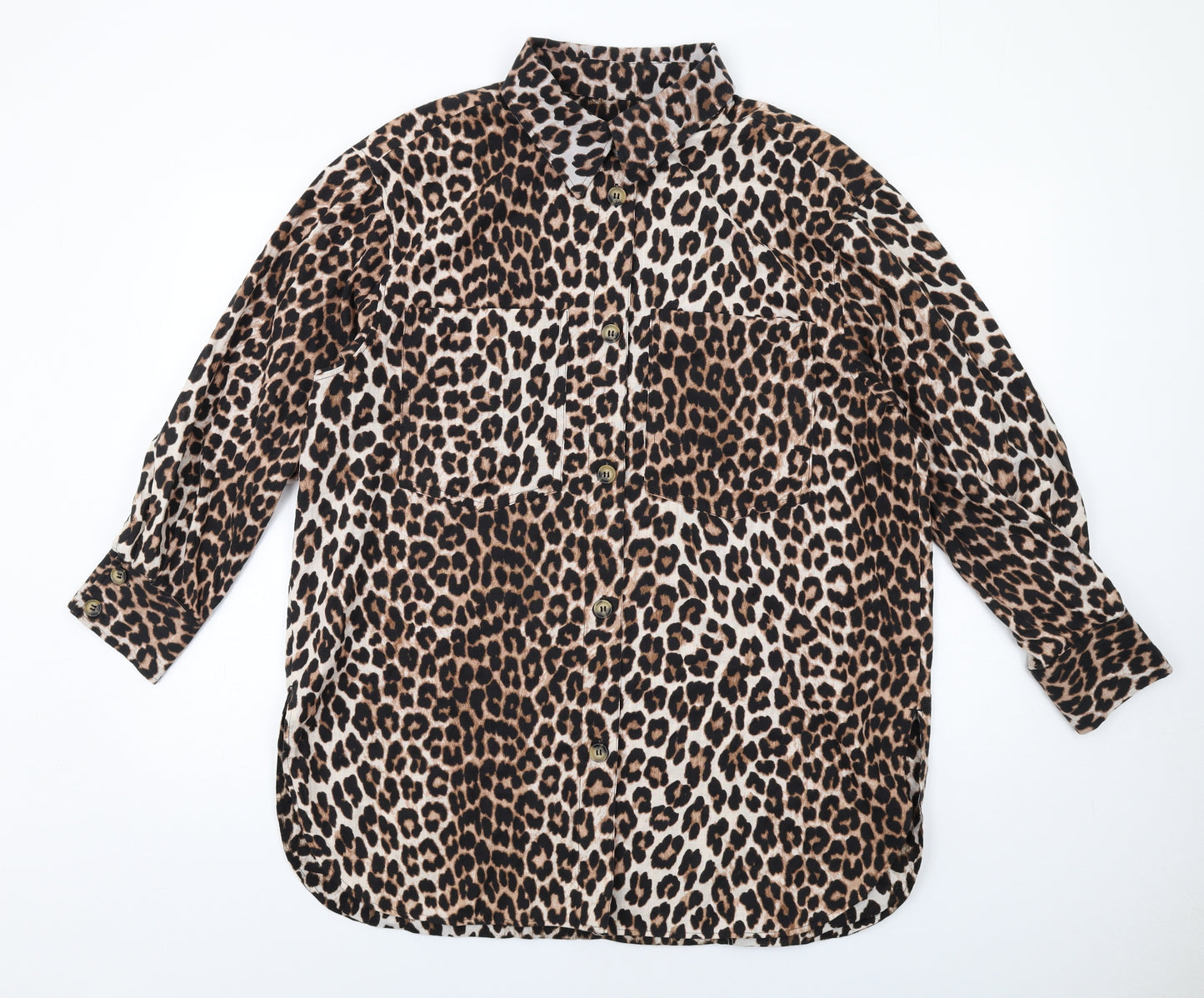 H&M Womens Black Animal Print Cotton Shirt Dress Size M Collared Button - Leopard pattern