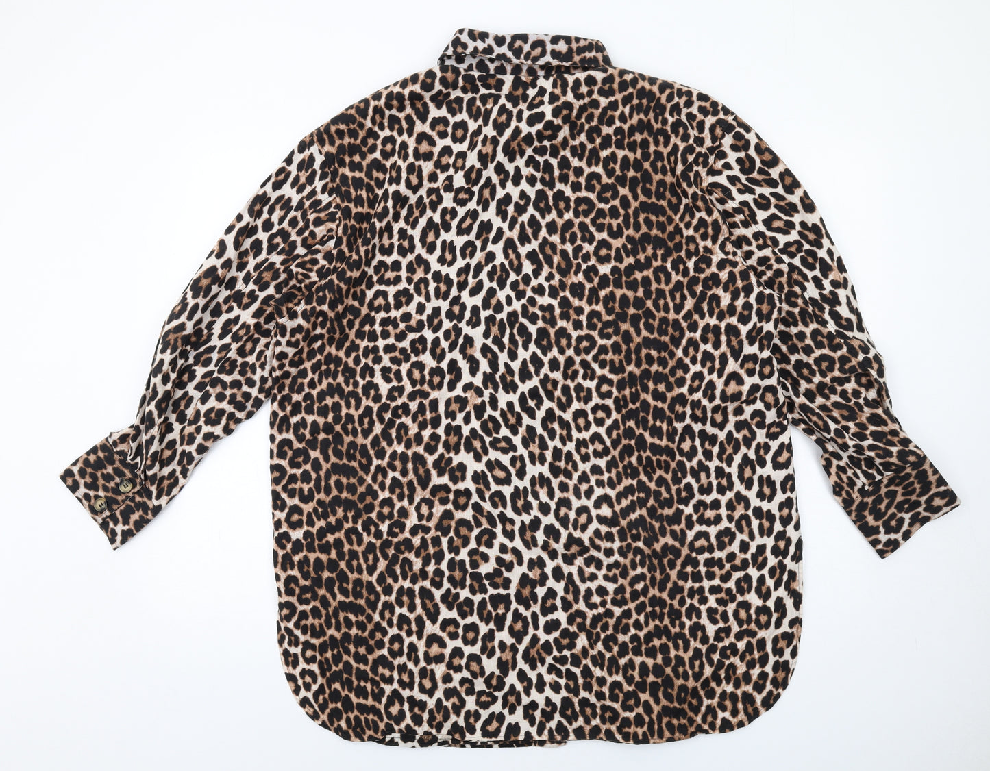 H&M Womens Black Animal Print Cotton Shirt Dress Size M Collared Button - Leopard pattern