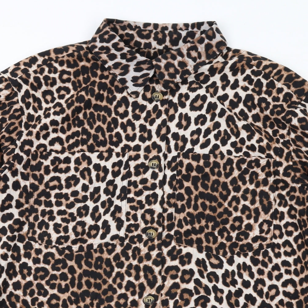 H&M Womens Black Animal Print Cotton Shirt Dress Size M Collared Button - Leopard pattern