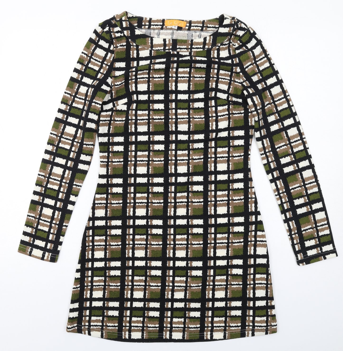 Le Crel Womens Green Geometric Acrylic Mini Size S Boat Neck Pullover