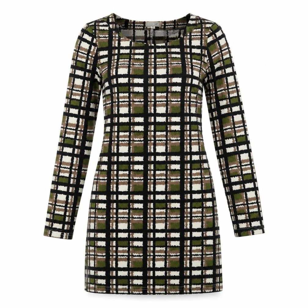 Front view of Le Crel women’s green geometric acrylic mini, size S, boat neck pullover