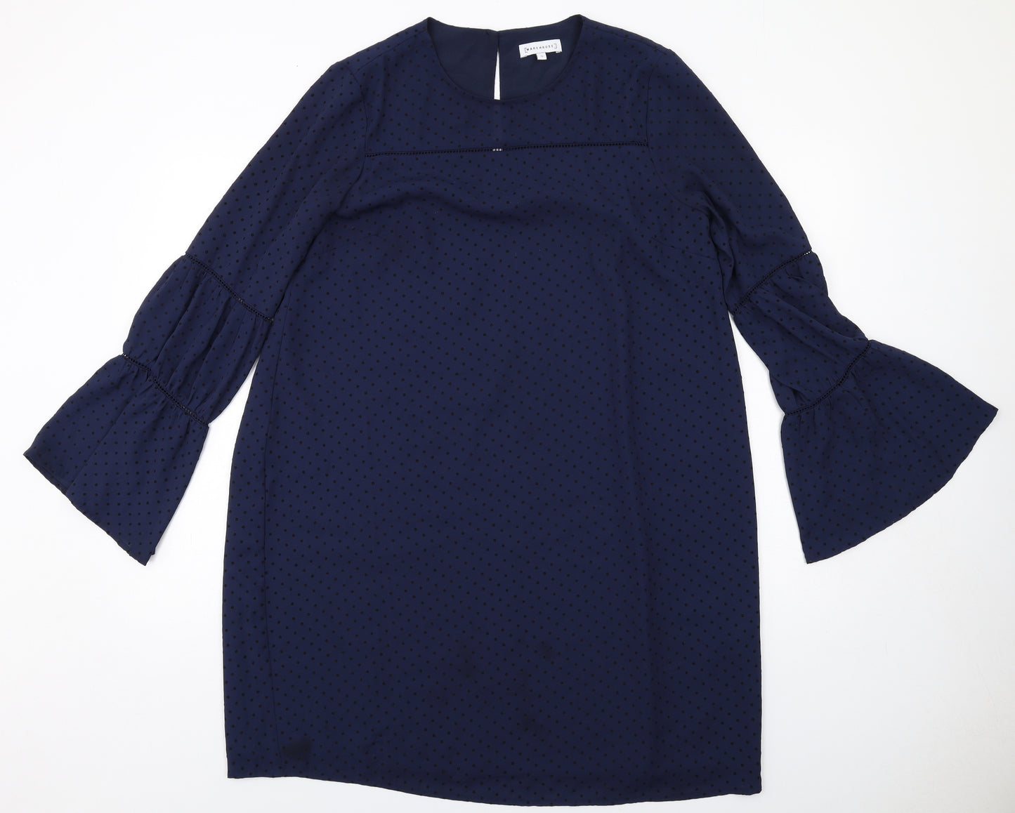 Warehouse Womens Blue Polka Dot Polyester A-Line Size 12 Round Neck Button