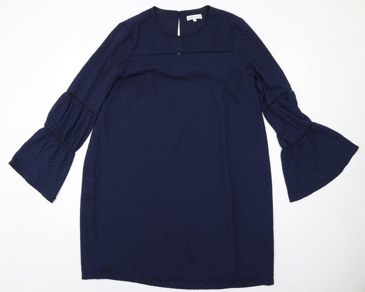 Warehouse Womens Blue Polka Dot Polyester A-Line Size 12 Round Neck Button