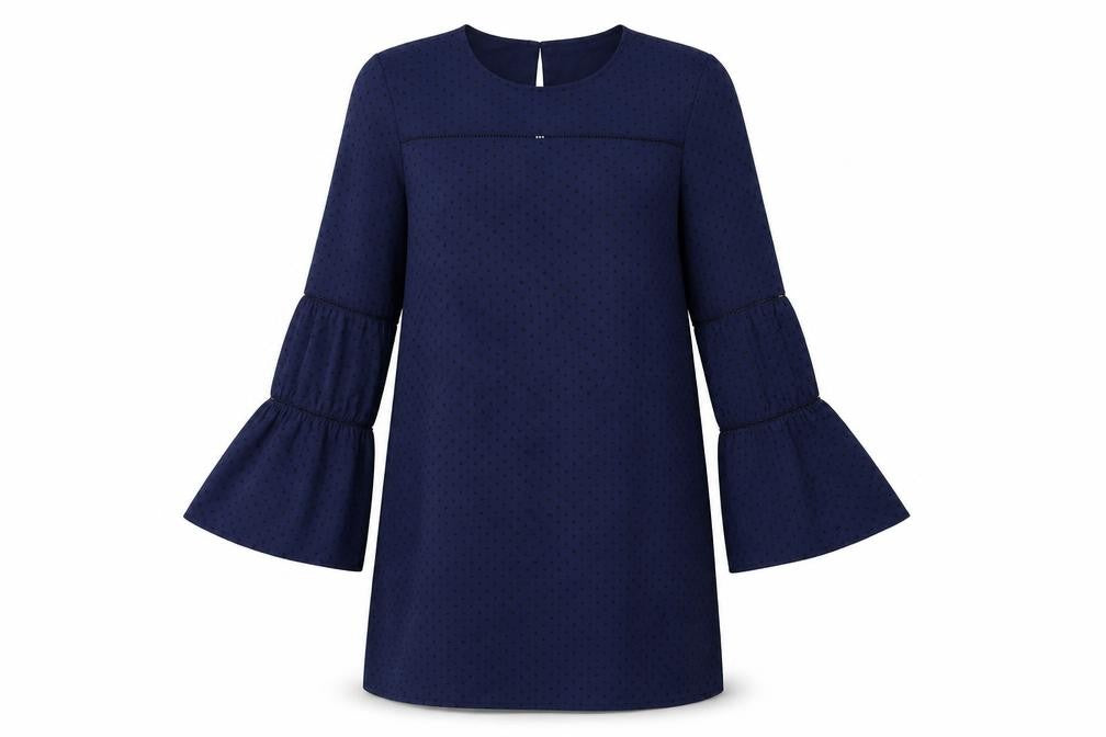 Front view of Warehouse women’s blue polka dot polyester a-line, size UK 12, round neck button