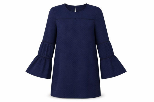 Front view of Warehouse women’s blue polka dot polyester a-line, size UK 12, round neck button