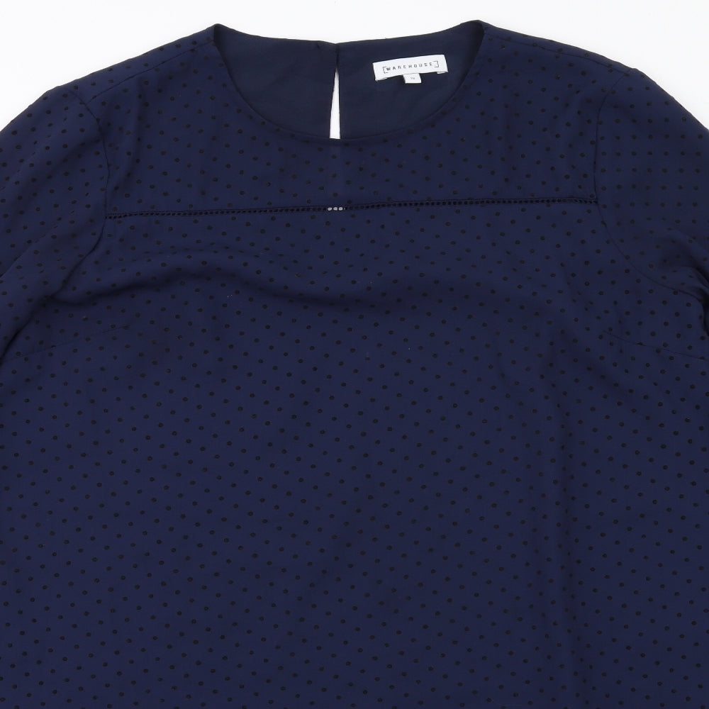 Warehouse Womens Blue Polka Dot Polyester A-Line Size 12 Round Neck Button