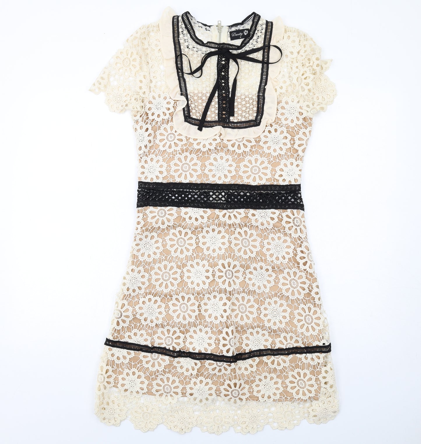 Dainty Womens Ivory Floral Polyester Shift Size M Round Neck Zip