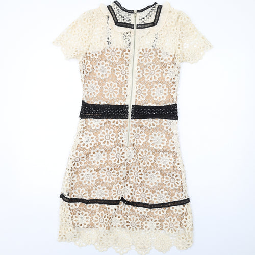 Dainty Womens Ivory Floral Polyester Shift Size M Round Neck Zip