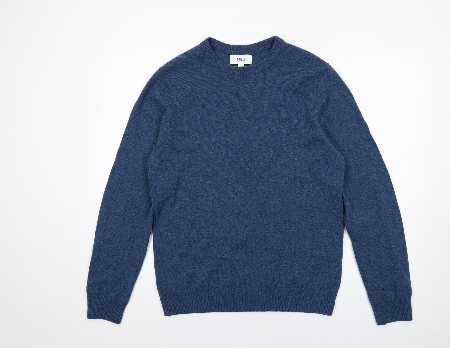 Marks and Spencer Mens Blue Round Neck Wool Pullover Jumper Size M Long Sleeve