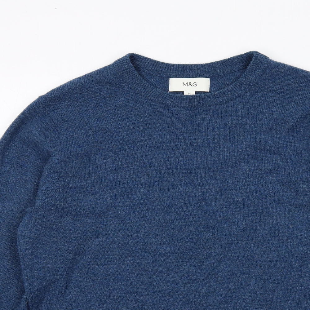 Marks and Spencer Mens Blue Round Neck Wool Pullover Jumper Size M Long Sleeve