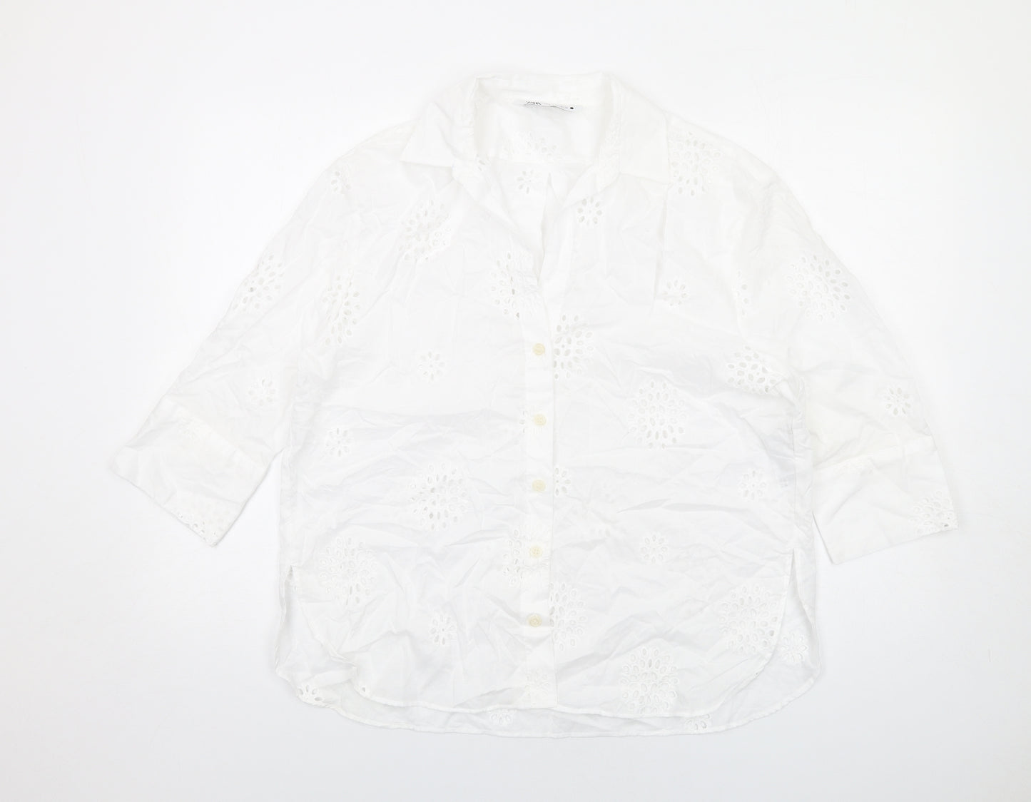 Zara Womens White Cotton Basic Button-Up Size S Collared - Broderie Anglaise