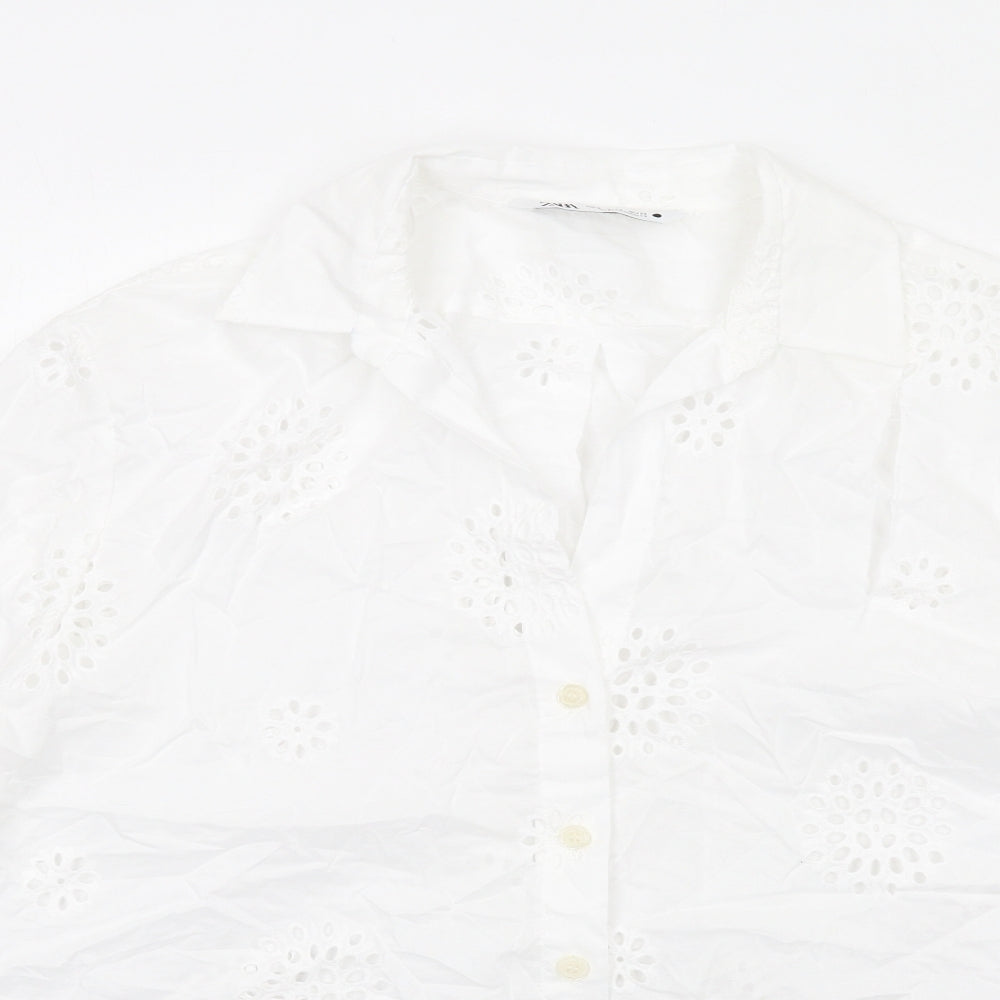 Zara Womens White Cotton Basic Button-Up Size S Collared - Broderie Anglaise