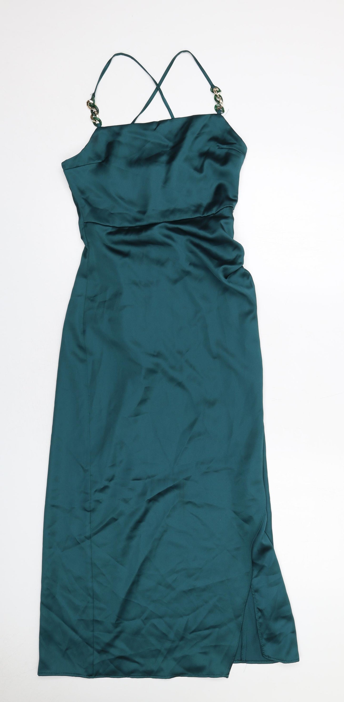 Zara Womens Green Viscose Slip Dress Size XS Cowl Neck Zip