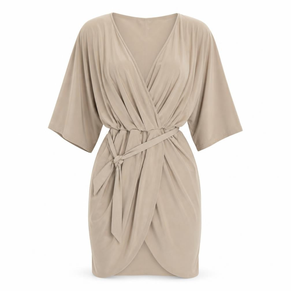 Front view of PRETTYLITTLETHING women’s beige polyester a-line, size UK 10, v-neck pullover