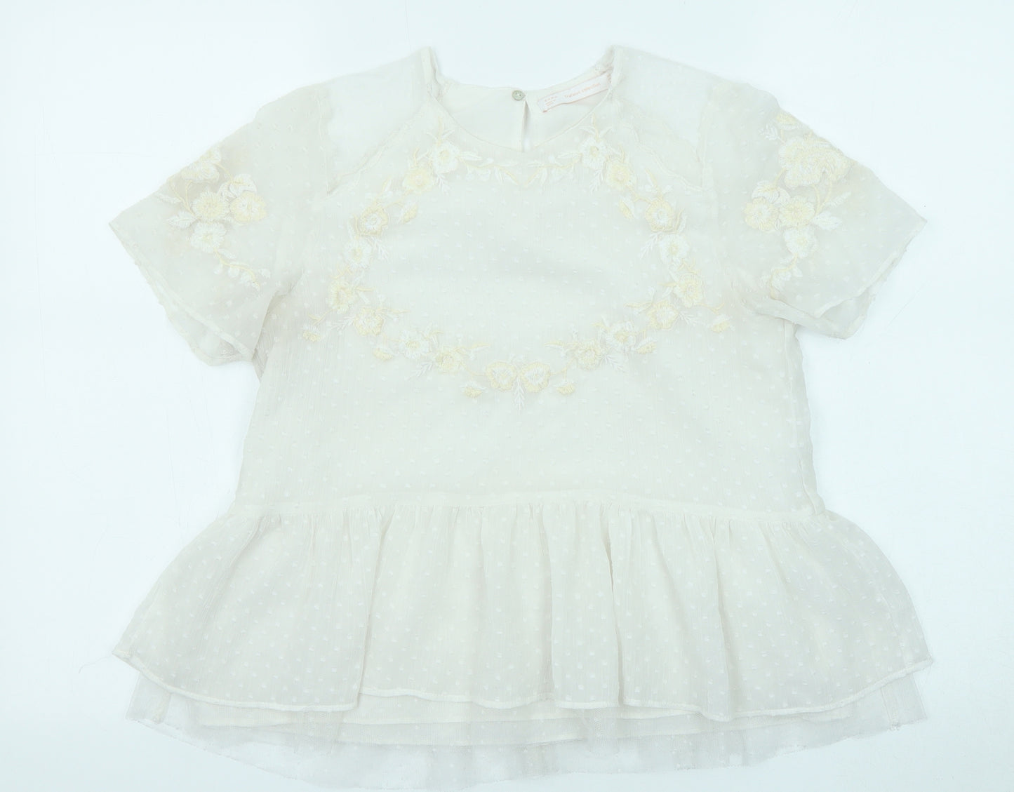 Zara Womens Ivory Floral Viscose Basic Blouse Size S Round Neck - Peplum