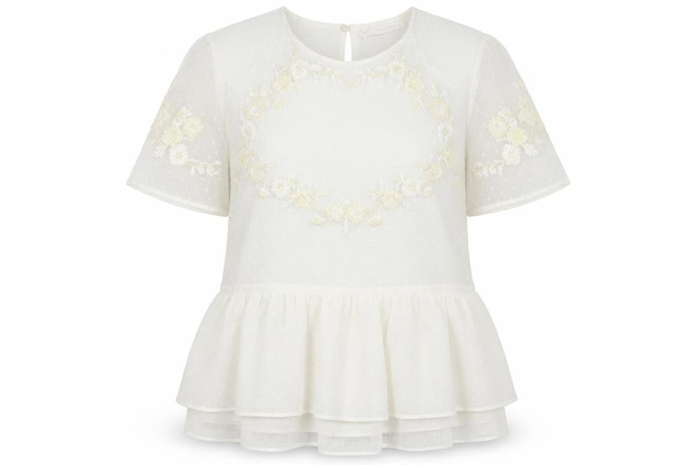Front view of Zara women’s ivory floral viscose basic blouse, size S, round neck - peplum
