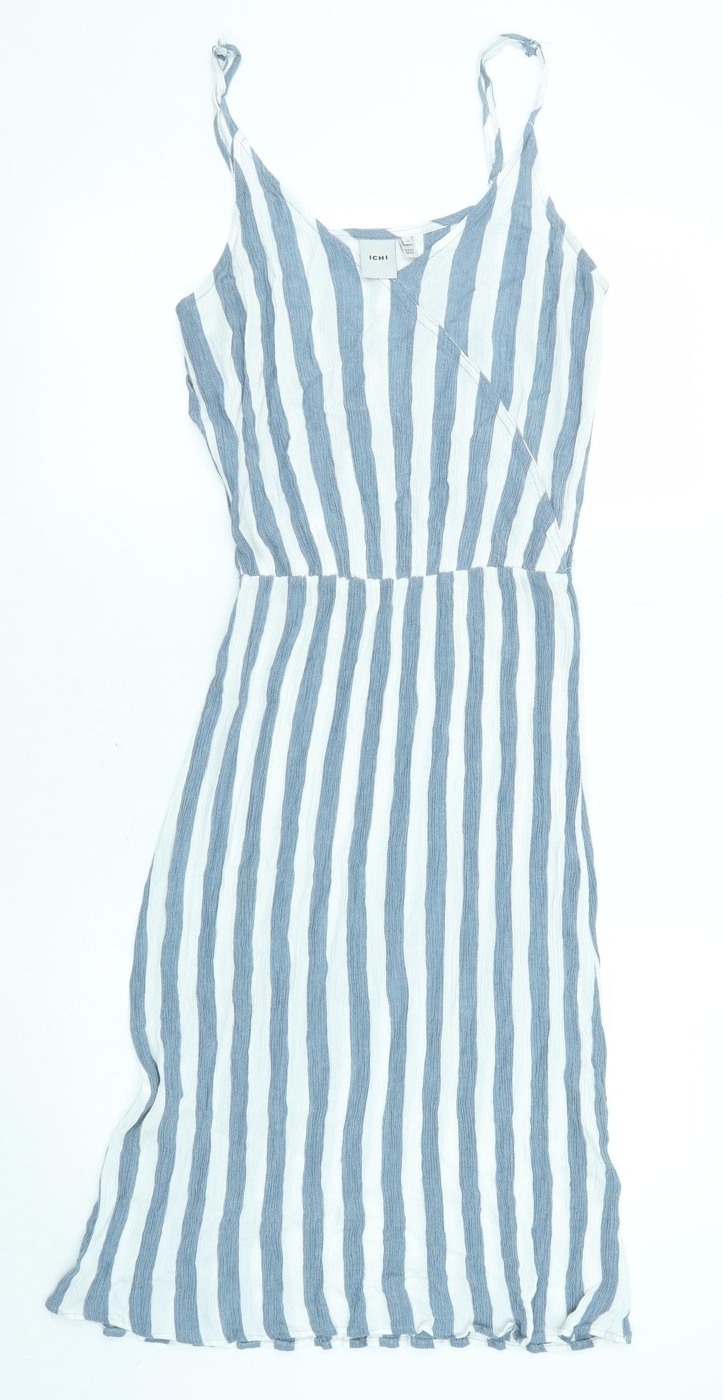 ICHI Womens Blue Striped Viscose Tank Dress Size M V-Neck Pullover