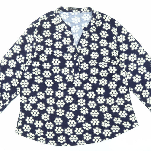 Sandra Wu Womens Blue Geometric Polyester Basic Blouse Size 20 V-Neck