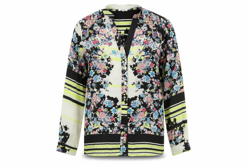Front view of River Island women’s multicoloured floral polyester basic button-up, size UK 8, v-neck