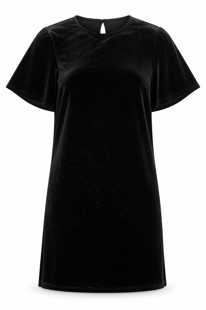 Front view of Dorothy Perkins women’s black polyester shift, size UK 10, round neck button