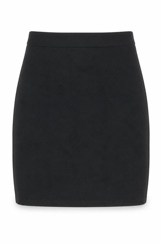 Front view of New Look women’s black geometric polyester bandage skirt, size UK 8