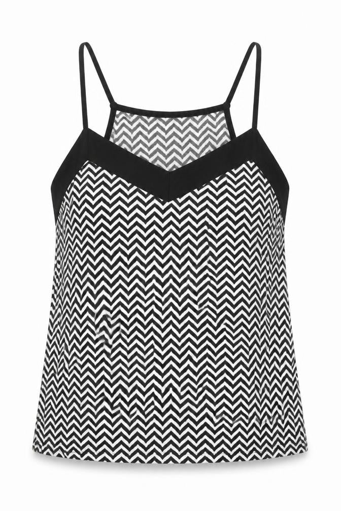Front view of H&M women’s black geometric polyester camisole tank, size S, v-neck